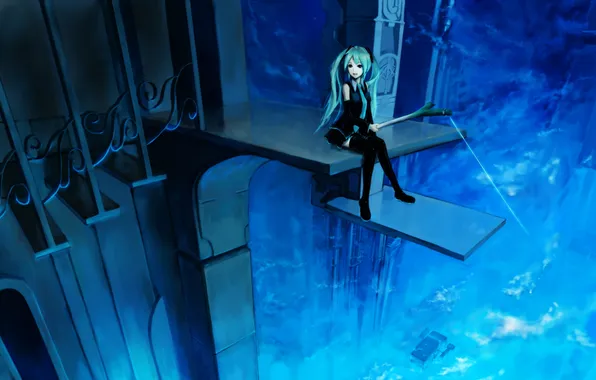 Picture girl, smile, height, ladder, vocaloid, hatsune miku, rod