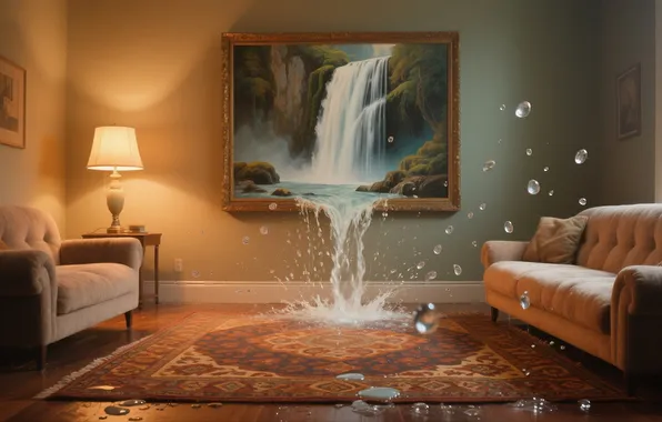 Squirt, comfort, carpet, waterfall, picture, sofas, living room, water flows