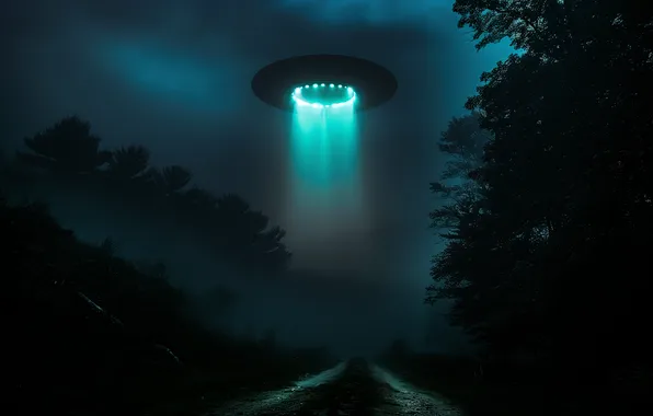 Road, the sky, rays, light, night, fiction, UFO, flying saucer