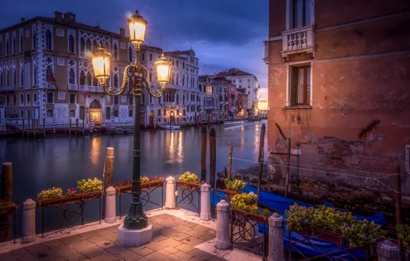 Water, the city, lights, home, the evening, Italy, lantern, Venice