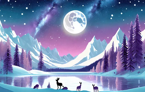Cold, forest, animals, stars, mountains, lake, the moon, beauty