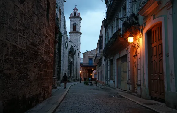 The city, people, street, lights, Church, sunrise, Cuba, city