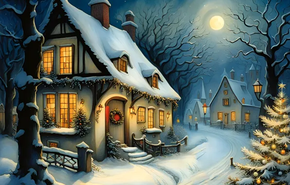 Winter, road, the sky, balls, light, snow, decoration, trees