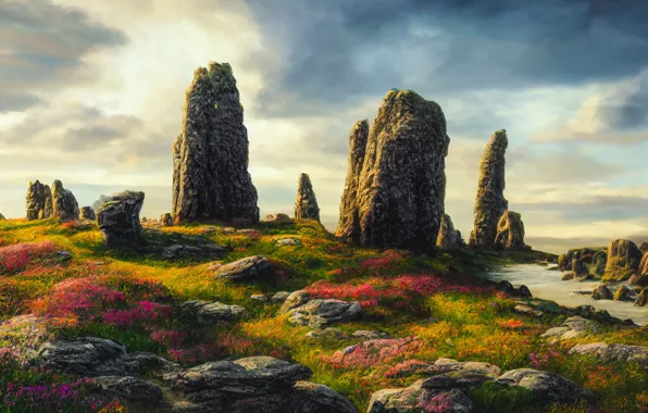 Summer, clouds, light, landscape, flowers, nature, stones, rocks