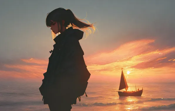 Picture girl, sea, sunset, anime, glow, silhouette, sailboat