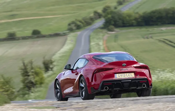 Picture road, red, field, coupe, Toyota, roadside, Supra, the fifth generation