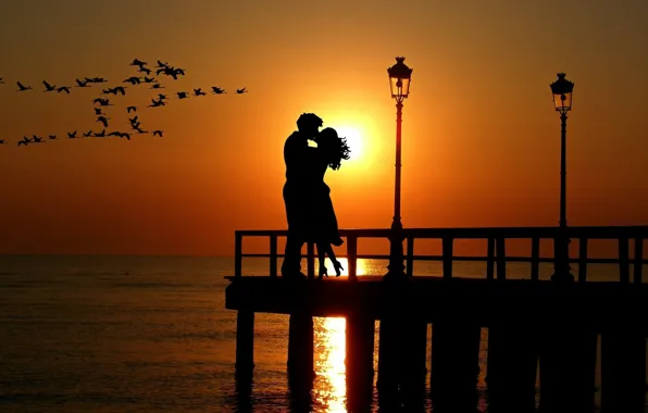 Sea, woman, kiss, the evening, pier, lights, male, two