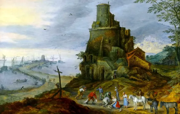 Landscape, people, tower, picture, Jan Brueghel the younger, Sea Coast with Castle Ruins