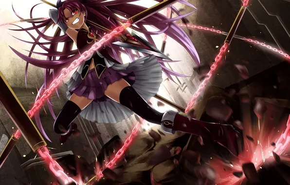 Girl, stones, magic, rage, chain, red eyes, mahou shoujo madoka magica