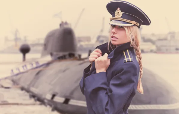 Picture girl, submarine, officer, jacket, Navy day, the captain of the 2nd rank