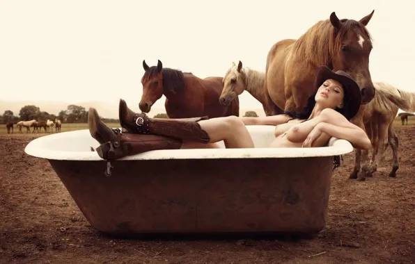 Chest, Girl, boots, bath, stallions, cowboy hat