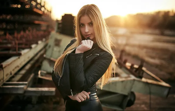 Picture girl, leather, blonde, cute, jacket