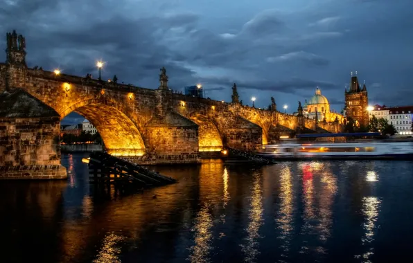Night, bridge, the city, lights, river, Prague