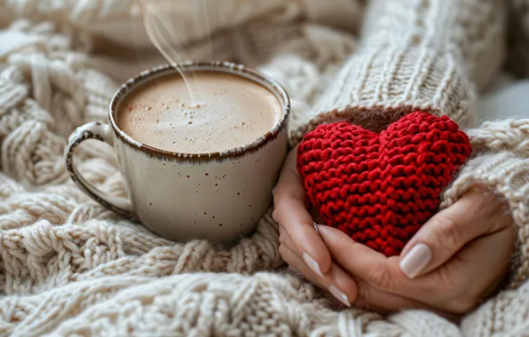 Girl, toy, heart, coffee, hot, hands, couples, mug