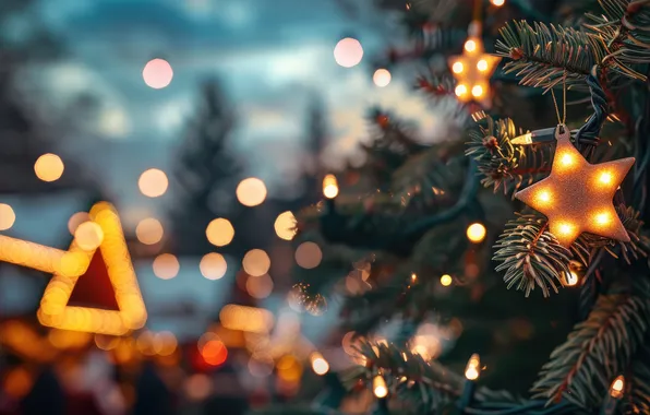 Winter, stars, light, branches, lights, glare, holiday, texture
