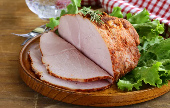 Greens, salad, baked meat, meat dish