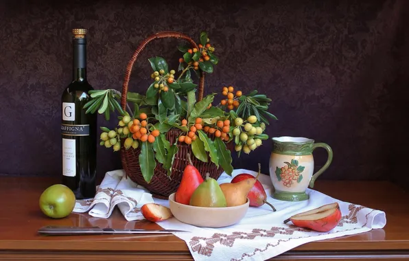 Berries, apples, bottle, Cup, fruit, still life, pear