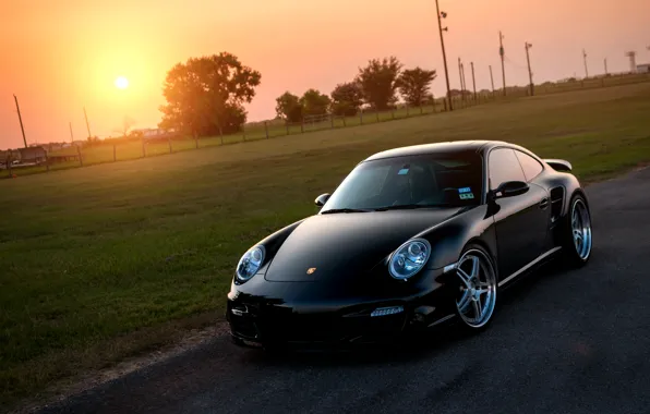 Picture the sun, lawn, black, 911, 997, Porsche, Porsche, black