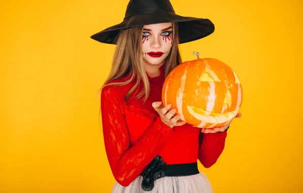 Autumn, girl, holiday, makeup, pumpkin, Halloween, Halloween, witch