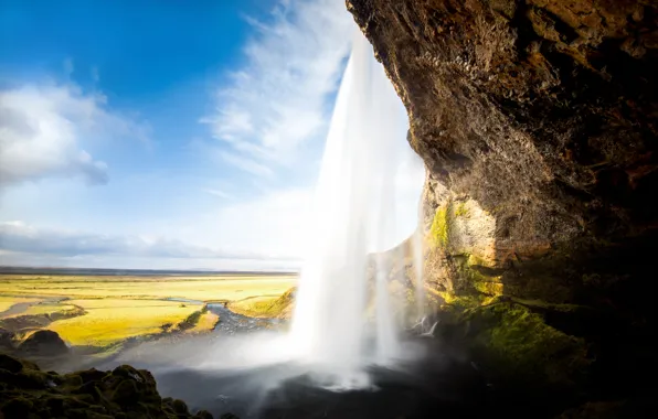 Mountains, nature, waterfall, Iceland, Seljalandsfoss
