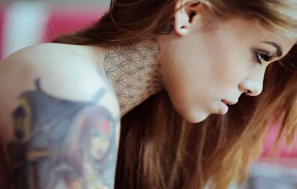 Tattoo, red head, piercings, neck