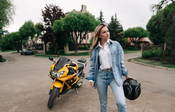 Girl, yellow, motorcycle, helmet, in jeans, Vadim Mironov