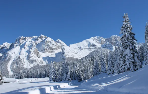 Winter, road, the sky, snow, trees, mountains, spruce