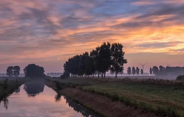 Field, landscape, sunset, channel
