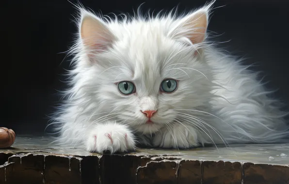 Cat, white, look, pose, the dark background, kitty, portrait, lies