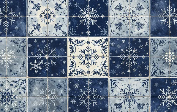 Snowflakes, patterns, tile, texture, blue background, Christmas background, AI art, neural network