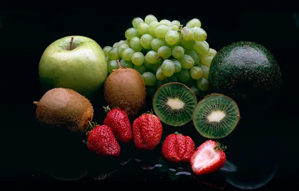 Berries, Apple, kiwi, strawberry, grapes, fruit, black background, cuts
