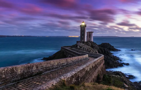 Road, sea, light, landscape, stones, shore, France, lighthouse