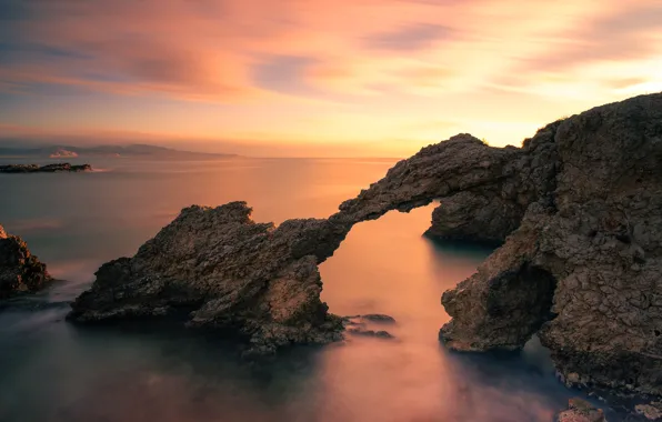 Sea, the sky, rocks, dawn, shore, arch, haze
