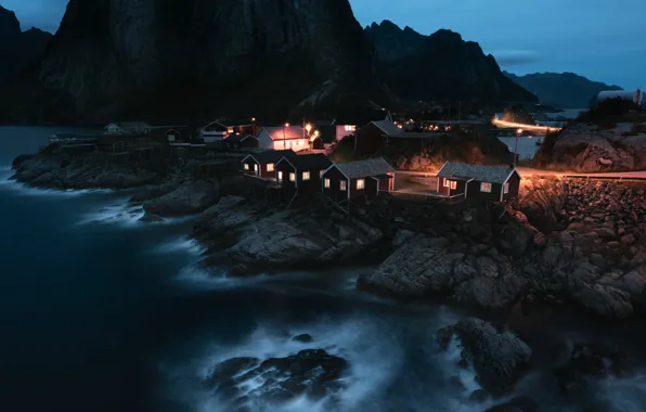 Mountains, night, lights, houses, Lofoten
