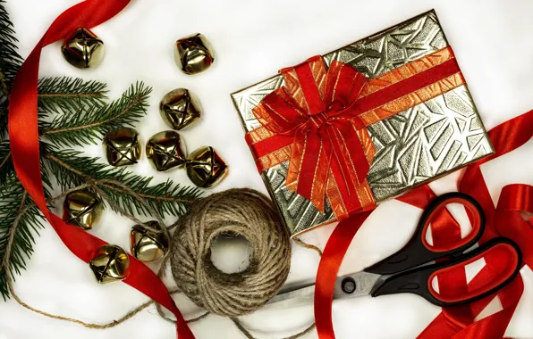 Box, gift, rope, Christmas, New year, needles, twine, scissors