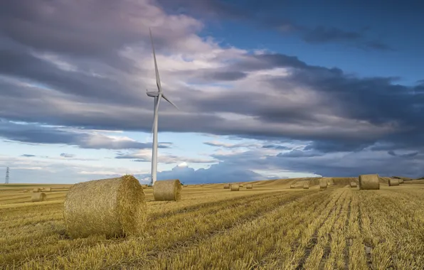 Picture the sky, clouds, Field, windmill, hay, stogi