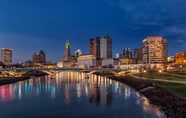 Picture the sky, bridge, lights, river, building, home, the evening, lights