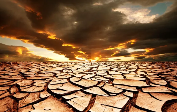 Sand, the sky, the sun, landscape, sunset, clouds, cracked, drought