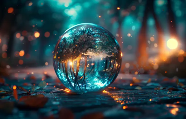 Picture glass, ball, crystal, glowing, depth of field, AI art, floating particles