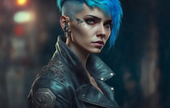 Picture girl, art, short hair, leather jacket, blue hair