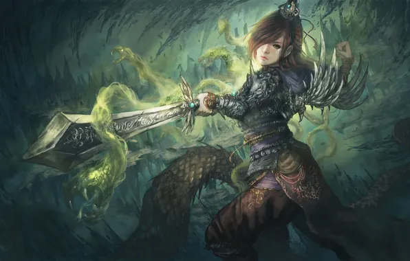 Girl, weapons, fiction, magic, sword, art