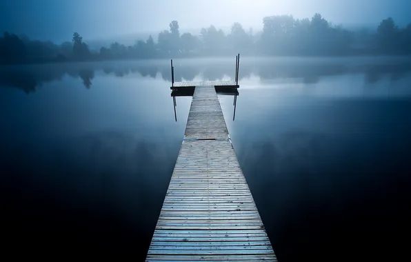 Picture landscape, bridge, fog, lake