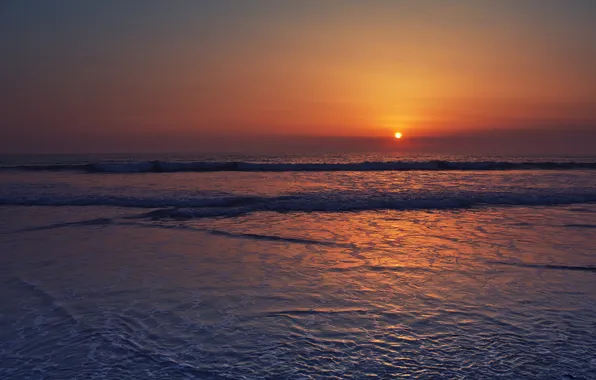 Sea, wave, water, rays, sunset, coast, landscapes, horizon