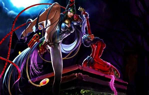 Picture night, weapons, girls, the moon, glasses, bayonetta