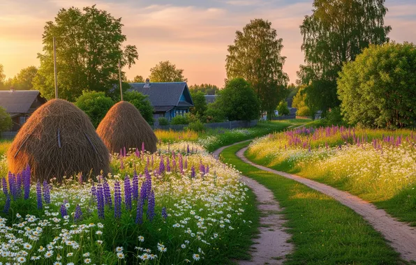 Summer, the sky, Wallpaper, stack, village, art, hay, wallpaper