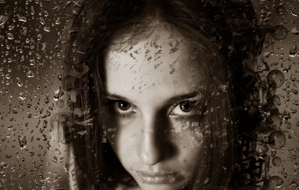 Look, girl, drops, emotions, Sepia, girl, beautiful, raindrops