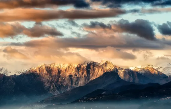 Clouds, sunset, mountains, nature, tops