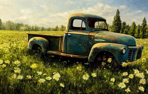 Field, machine, flowers, truck, old, car, imitation painting, AI art