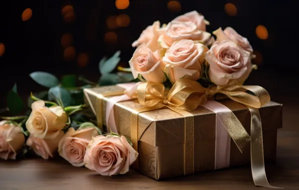 Flowers, holiday, gift, roses, candle, bouquet, candles, bow