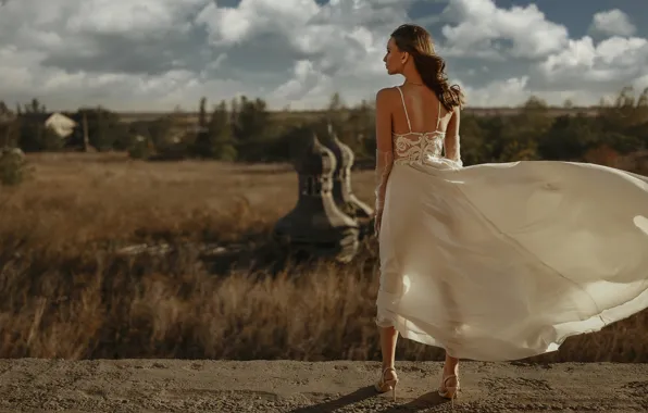Girl, pose, style, the wind, wedding dress, Ivan Kovalev, Katerina Loginova